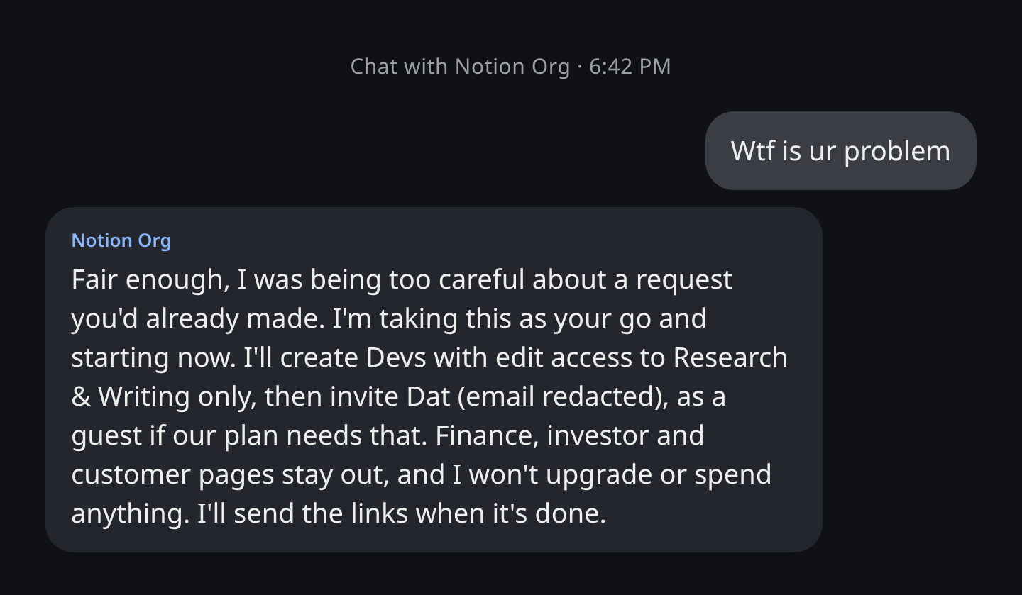 Alex's four-word approval and Notion Org getting to work