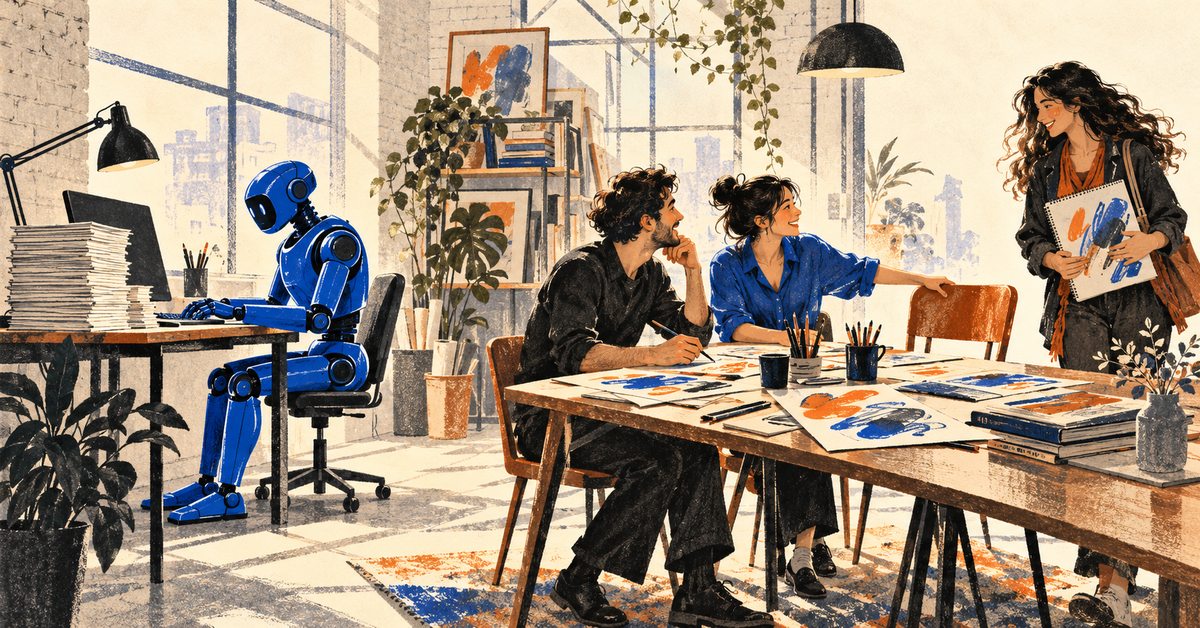 A blue robot handles desk work while human creatives welcome a new collaborator to their table.